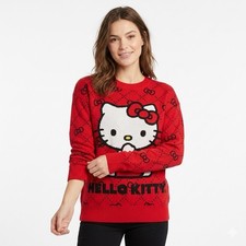 Sanrio Hello Kitty Red Sweater Black Bows Cotton Blend Womens S Crew Neck Y2K