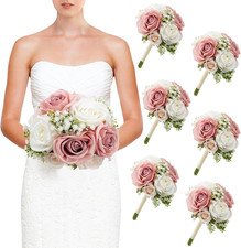 6Pc Bridesmaid Bouquets Artificial Silk Flowers Dusty Pink White Wedding Decor