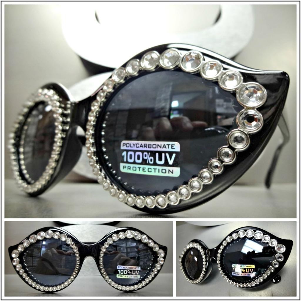 Funky Retro Unique Lip Shape SUN GLASSES Black Frame Bling Crystals Dark Lens