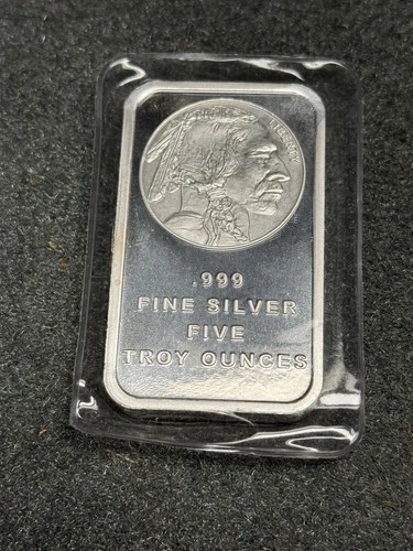 Sealed 5 oz BUFFALO .999 SilverTowne Silver Bar, Indian Head Nickel Bullion