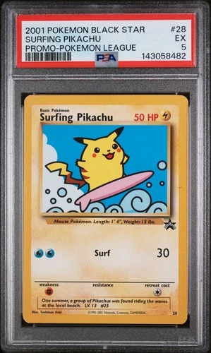 2001 POKEMON PROMO BLACK STAR POKEMON LEAGUE #28 SURFING PIKACHU PSA 5