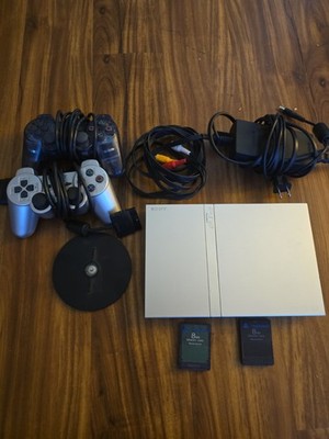  PS2 Slim Satin Silver Console Bundle Tested - Cables 2 Controllers 8MB Cards