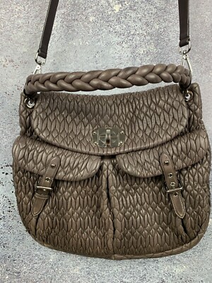 MIU MIU BROWN MATELASSE LEATHER TURNLOCK FLAP HOBO HANDLE BAG