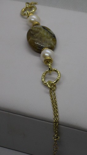 BRACCIALE ARGENTO OPALE MARRONE PERLE MM 9 DORATO DONNA CM 17-19,50 EXPLOIT - Foto 3 di 4