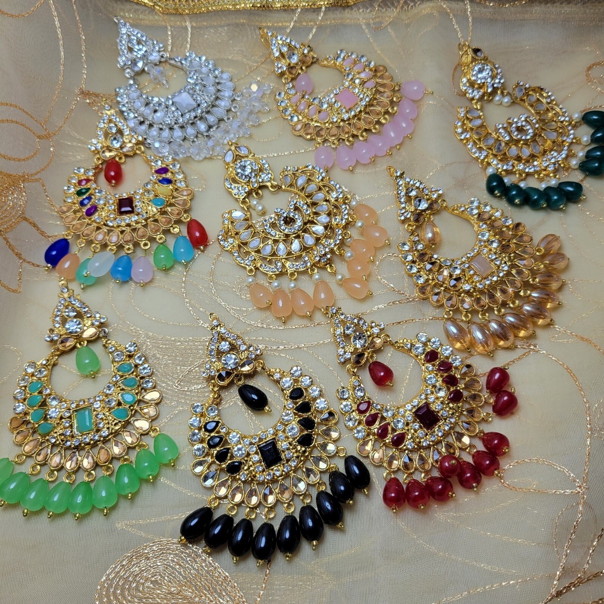 Kundan chand bali earrings set with tikka available vibrant
