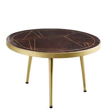 Round Gold Coated Metal Legs Solid Dallas Mango Wood Coffee Table in Dark Walnut