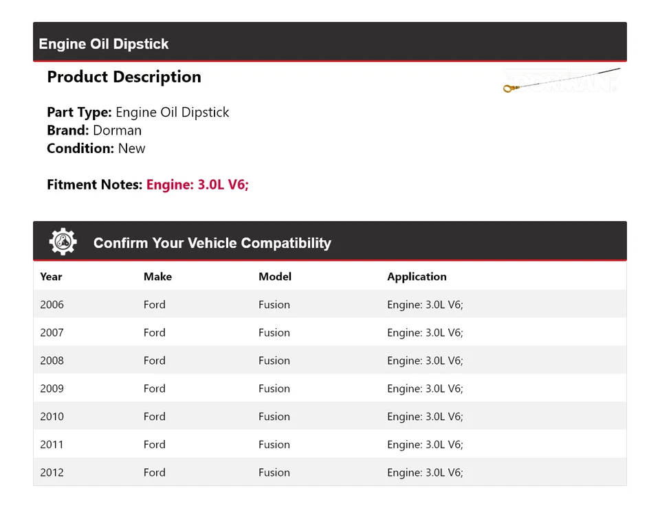 适用于 2006 - 2012 年福特 Fusion 3.0L V6 Dorman 发动机机油吸管 2007 2008 2009 2010 — 第 2/4 张图片