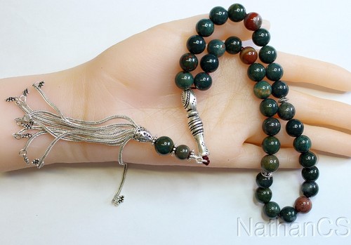 Lusso Tesbih Preghiera Perline Grado AA Rotondo Bloodstone & Sterling Raro Da Collezione - Foto 5 di 5