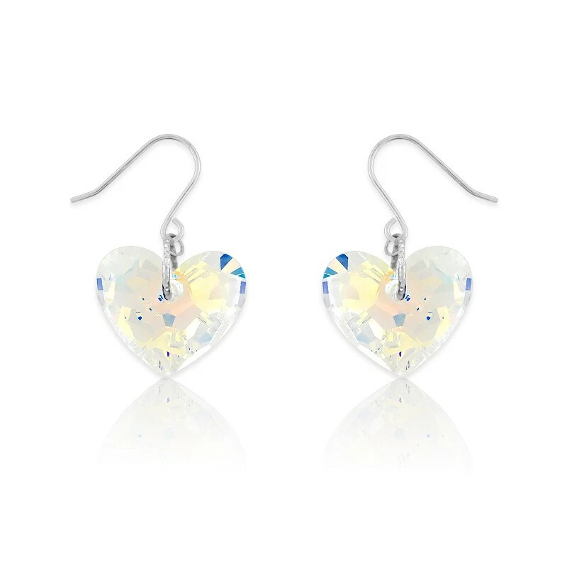 Brincos de coração de cristal AB Swarovski prata esterlina