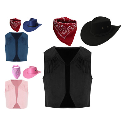 Kids Cowboy Halloween Costume Tassel Suit Sun Hat Sets Boys Gift Vest  Pointed