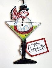 SNOWMAN in HOLIDAY COCKTAIL  * Glitter CHRISTMAS ORNAMENT * Vtg Img