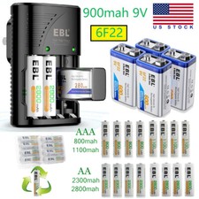 EBL AA AAA Rechargeable Batteries 2800mah 1100mAh NiMH 9V Battery / Charger Lot