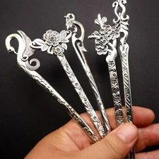2 Pcs Tibet Silver Metal Hair Forks Traditional Hair Stick Chopstick Chignon Pin