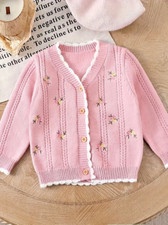 NEW Pink Sweater Cardigan 12-18M Embroidered Flowers Buttons Crocheted Knit 15