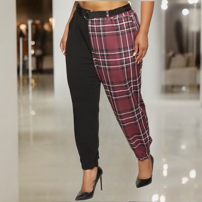 Women’s Plaid Jogger High Waisted Tapered Leg With Belt Size 3X Burgundy 