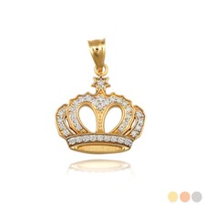 Gold Royal Princess CZ Heart Crown Pendant Necklace