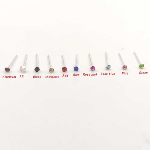 Sterling Silver Nose Stud Multicolored Crystal Clear Nose Pin Bar 2MM 1 PC - Picture 3 of 5