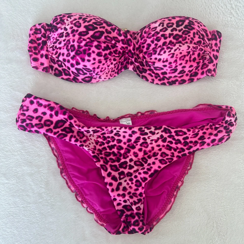 Luli Fama Bikini Pink Leopard Bandeau Push Up Top Ruched Brazilian Bottom - Image 3 of 4