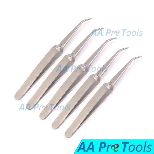 5 Cross Lock Tweezers Angled Short Pointed Self Closing Reverse Action Forceps - Picture 3 of 3