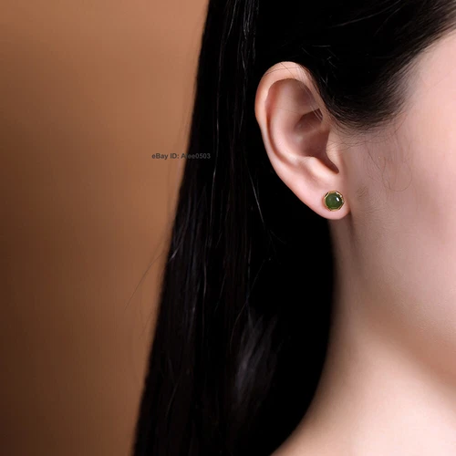 Solid 925 Sterling Silver With Natural Green Jade Stud Women Earrings 8mm W - Picture 5 of 5