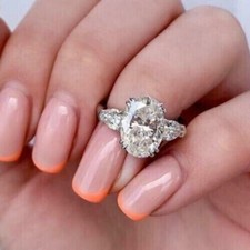 2 Ct Oval Cut Moissanite Three Stone Engagement Ring 14K White Gold Plated