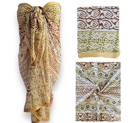 JARI 100% Cotton Voile Hand Block Print Silk Border Plus Size Sarong Cover-Up - Picture 5 of 65