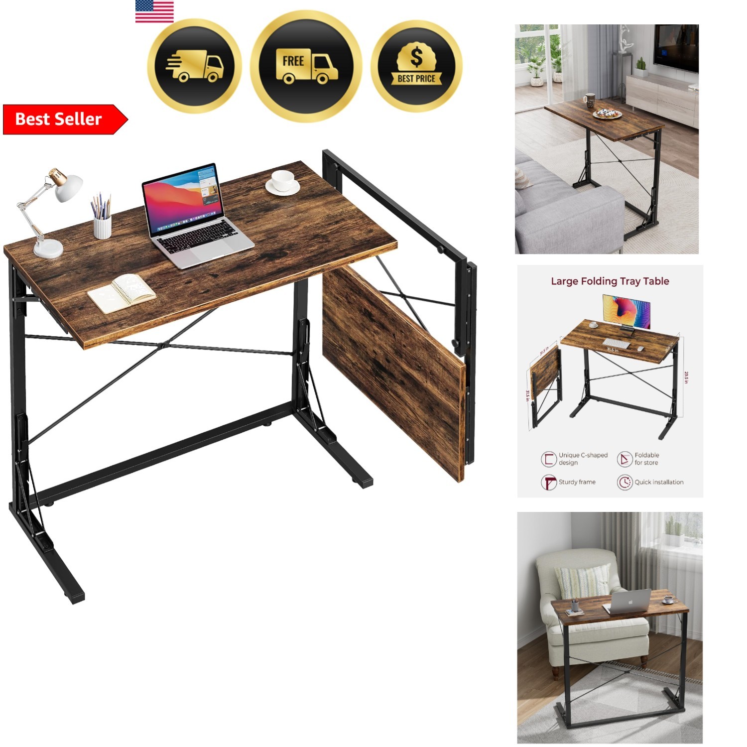 Folding desk tv tray table for eating working writing 31. 5 inch extra large