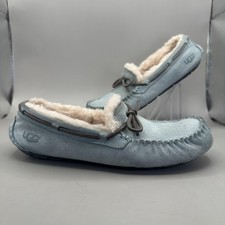 UGG Dakota Moccasin Slippers Womens Size 8 Blue Ether Suede Sheepskin Fur Shoes