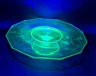 Vintage Green Depression Uranium Glass Fitted Cake Pedestal Plate 11" UV Glow