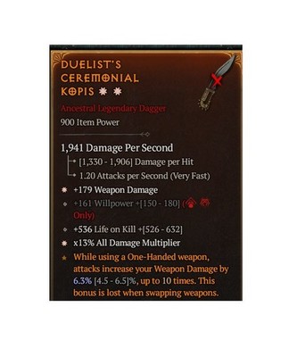 Diablo 4 Season 14 Duelist's Ceremonial Kopis 2GA Legendary Dagger Gear Item