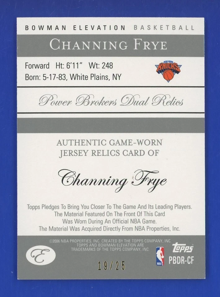 Channing Frye 2006-07 Bowman Elevation DUAL RELIC GOLD #'d 19/25 - NICE! - Image 3 of 3