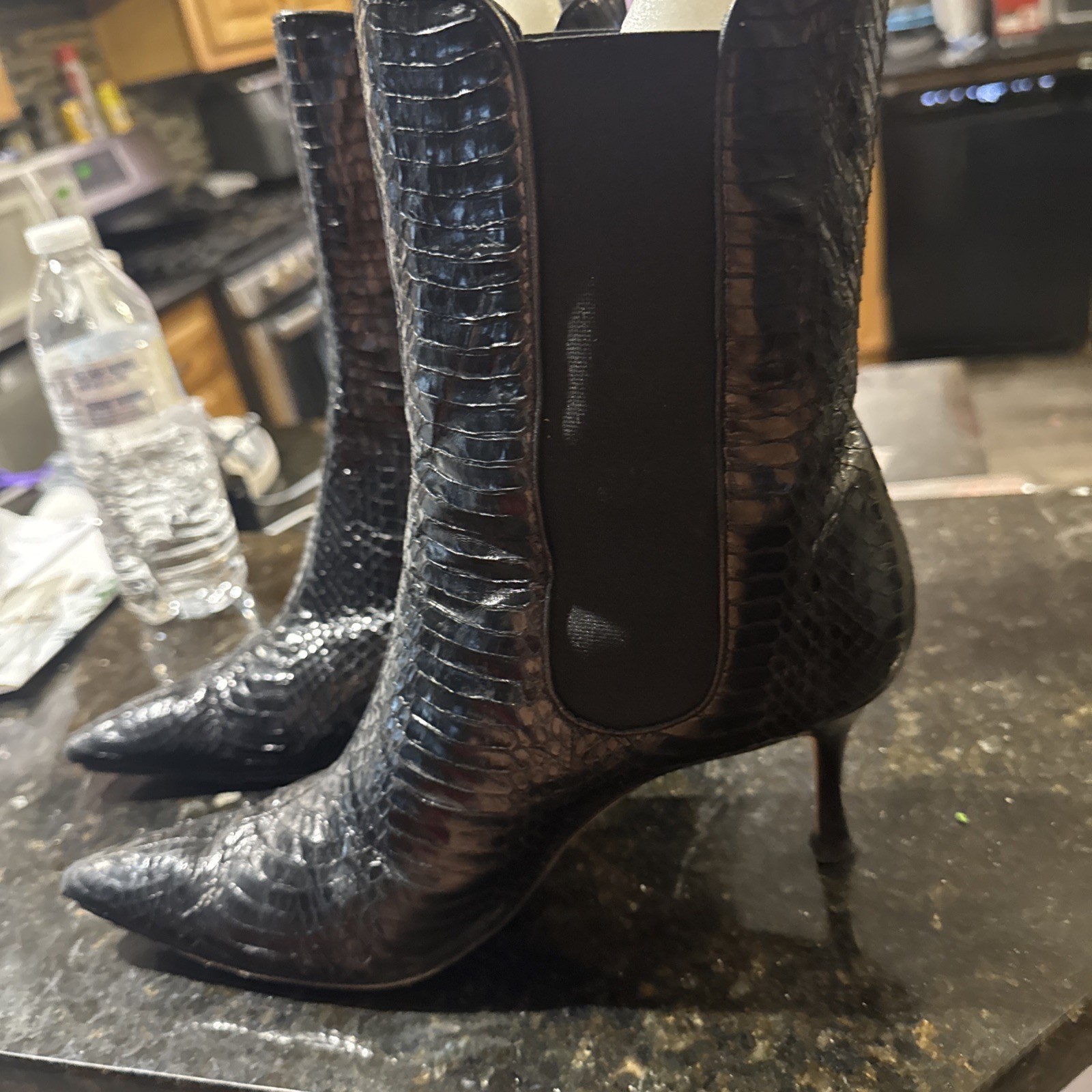 Authentic MANOLO BLAHNIK Black Python Leather Ank… - image 1