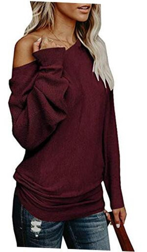 Womens Off The Shoulder Sweater Oversized Knit Long Sleeve Medium Burgundy