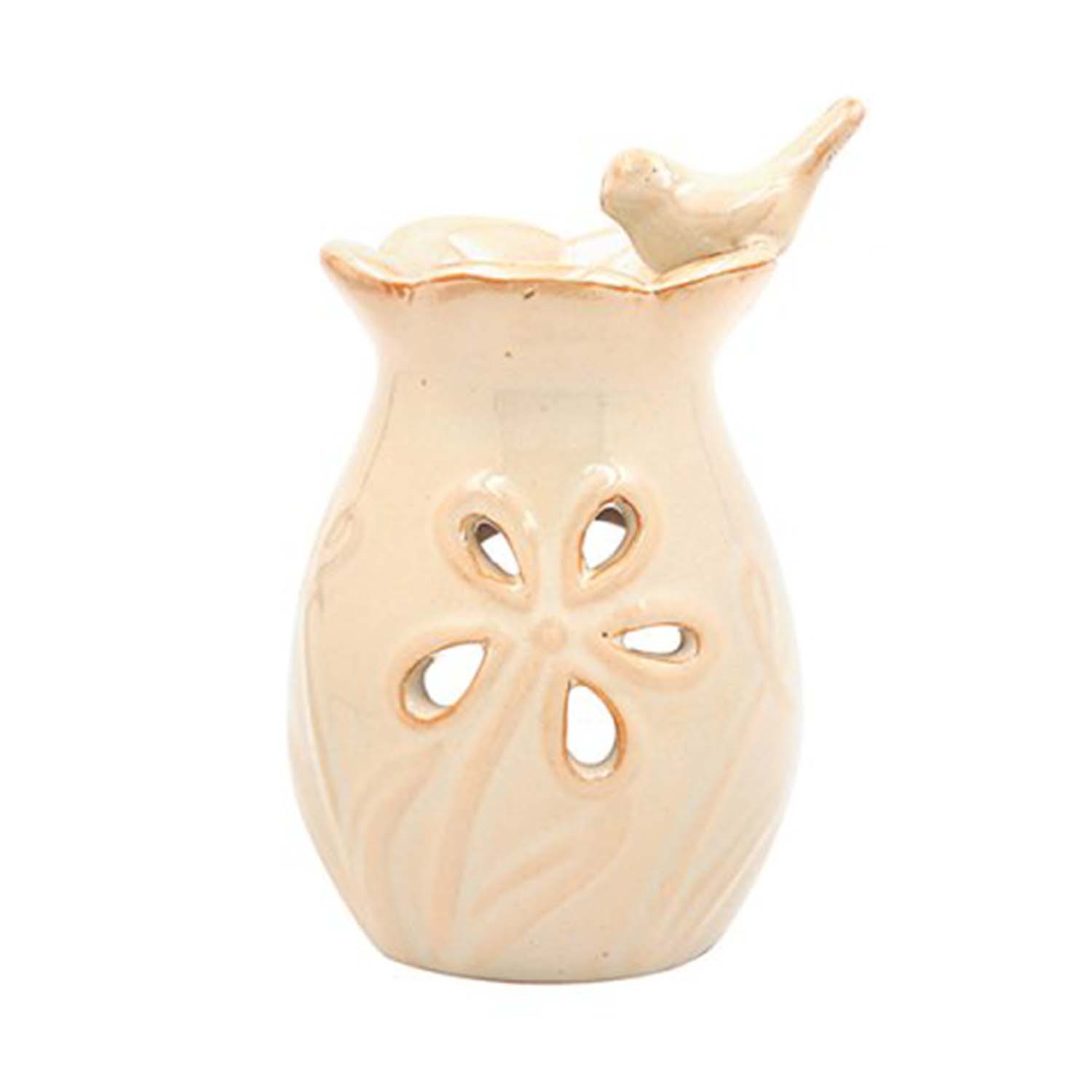 Glazed Ceramic Oil Burner Beige Bird Flower Wax Melt Burner Home Fragrance Decor