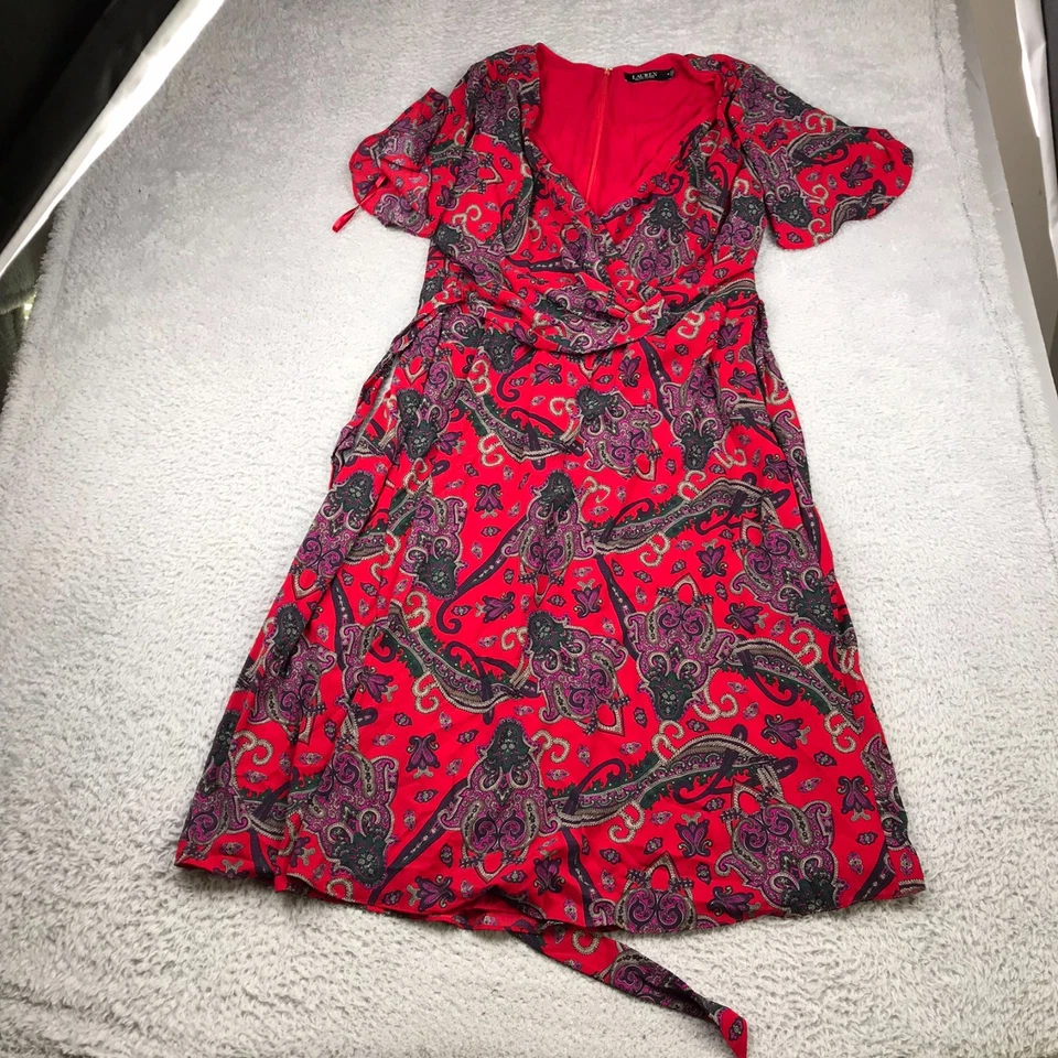 Vestido LRL Ralph Lauren Imitación Envolvente Para Mujer 16 Rojo Paisley Sobrepelliz Boho Elástico Foto 2 de 4