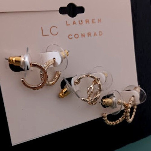 LC LAUREN CONRAD 3pc SET Gold Pave Crystals/Chain Link/Bubble Hoop Earrings**NEW - Picture 2 of 4