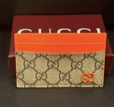 Gucci Bi-color GG Supreme Card Case Beige Dark Brown Orange Leather Trim 4 Slots