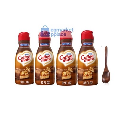 Coffee Mate Snickers Creamer 32oz 4 Pack + Wooden Spoon Coffee Gift Set