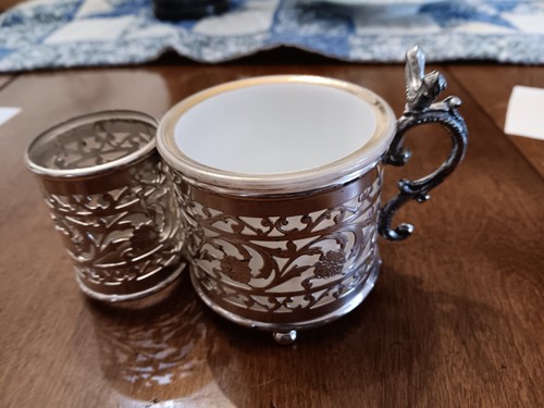 Silver Toned Probably Silverplated Shaving Mug W Glass Insert & Brush Holder