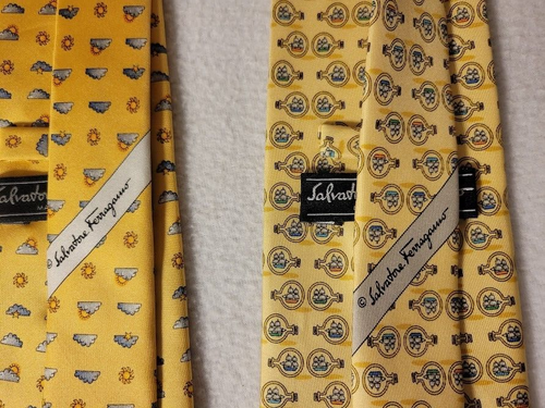 2 Vintage Salvatore Ferragamo French Silk Ties-Medium Blue with a Design Unworn - Picture 4 of 6