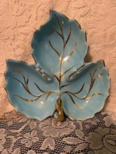 vintage large 10.5" porcelain Blue leaf serving dish signed        b8