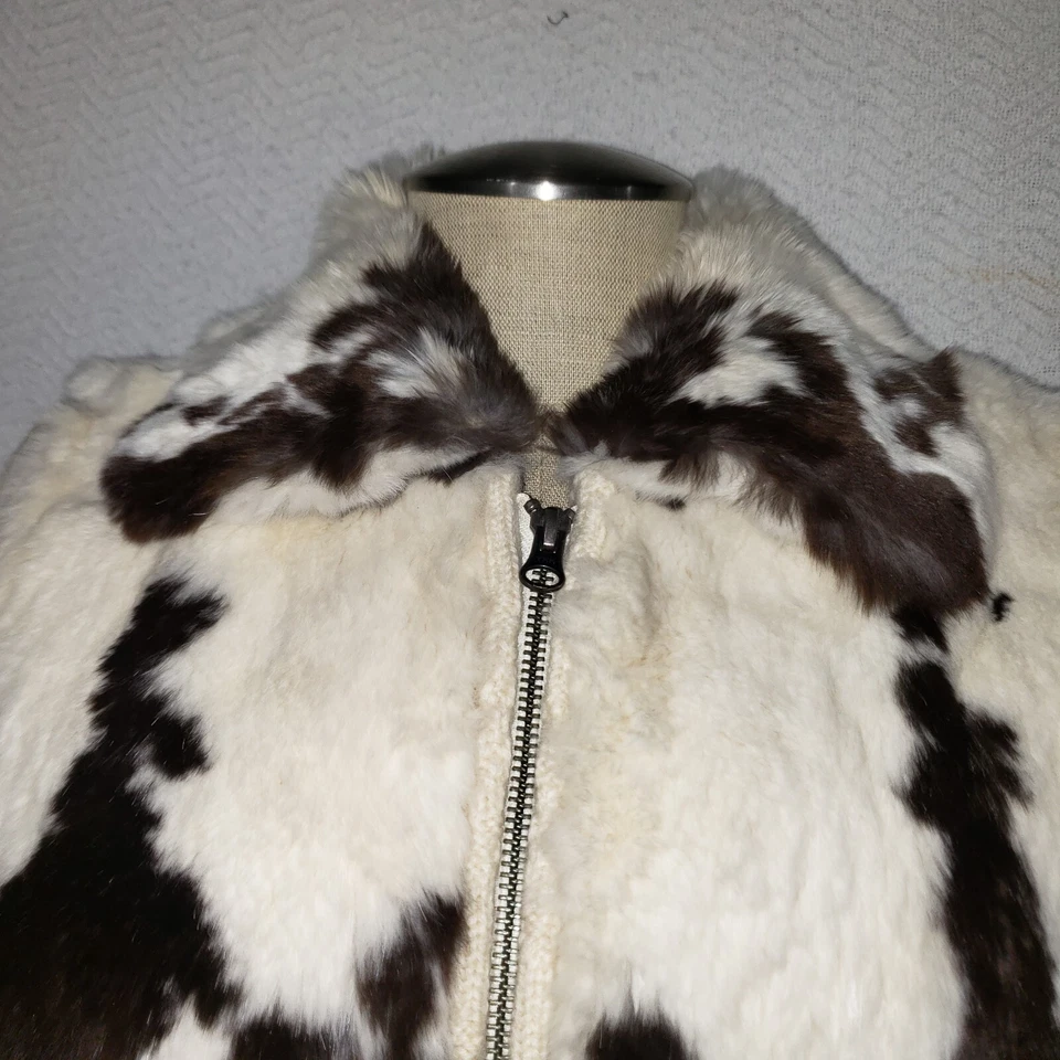  Chaleco Suéter June Genuino Piel de Conejo y Lana Tejido Blanco Marrón Cremallera Completa M  Foto 3 de 4