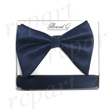 New in box formal Men Pre-tied long style patterned Bow tie  Hankie Navy blue