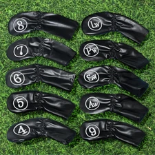 LEFT or RIGHT Handed Golf Iron Head Covers 10pc Set Black Synthetic Leather NEW
