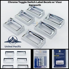 (Set/6) Chrome Toggle Switch Label Bezels w/ Visor for Kenworth 1982-2005 #40957