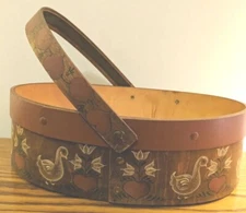 Vintage Hand Painted Stencil Wooden Basket Hearts Goose Flower Chicken Duck Red