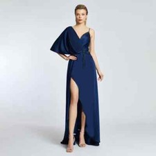 High Slit V Neck Wedding Party Dresses Batwing Sleeve Beading Belt Prom Gowns