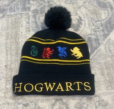 Harry Potter Hogwarts Houses Embroidered Beanie Hat Pom Pom Black Adult