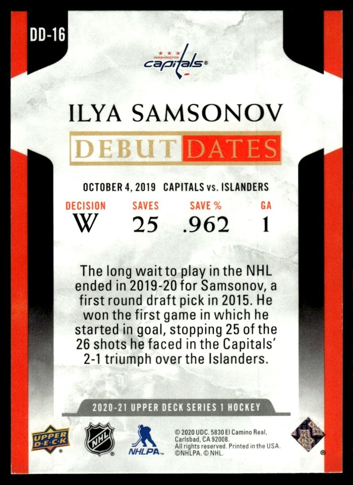 2020-21 Upper Deck Debut Dates Ilya Samsonov Washington Capitals #DD-16 - Image 2 of 2