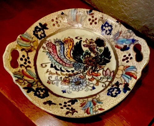 VTG ENAMELED PEACOCK JEWELED Beading Asian Pottery CHINESE Plate w/Handles